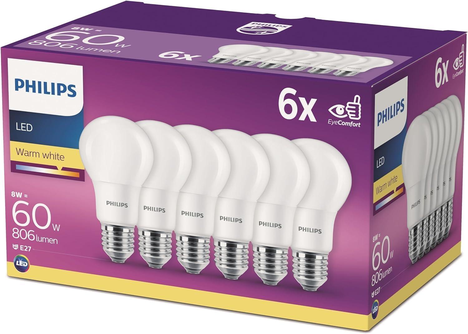 Lot de 6 ampoules LED Philips E27 8W blanc chaud (équivalent 60W)