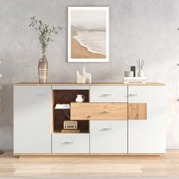 KOMHTOM buffet moderne 160 cm, 2 portes, 4 tiroirs et éclairage LED