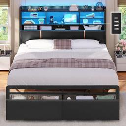 KIMENICH Lit 140x190 cm avec 2 tiroirs, éclairage LED et multiprise