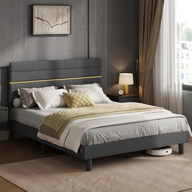 VASAGLE Lit double 160x200 tête de lit rembourrée ajustable