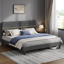 VASAGLE Lit double 180x200, tête de lit rembourrée ajustable