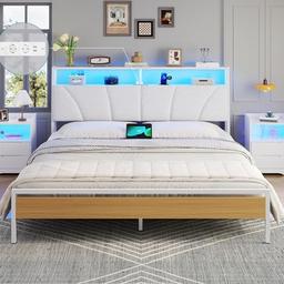 Brinlawb Lit 180x200 sommier métal, tête rembourrée, LED et multiprise