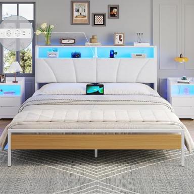 Brinlawb Lit 180x200 sommier métal, tête rembourrée, LED et multiprise