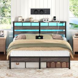 HOOBRO Lit 180x200 sommier métal, LED, multiprise et étagère de tête