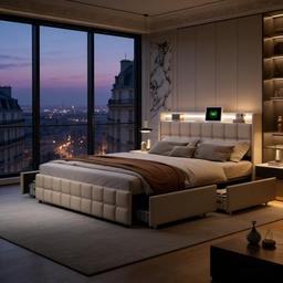 BRYXR Lit double 180x200 rembourré en lin beige, 4 tiroirs et LED