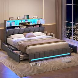 KIMENICH Lit 160 x 200 avec LED, Multiprise et 4 Tiroirs, Gris