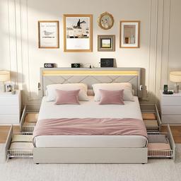 VASAGLE Lit Double 140 x 190 cm avec LED, 4 Tiroirs et Multiprise