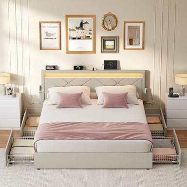 VASAGLE Lit Double 140 x 190 cm avec LED, 4 Tiroirs et Multiprise