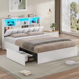 AOGLLATI Lit 140 x 190 cm avec 4 Grands Tiroirs, USB et LED, Blanc