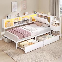 mojiasion Lit 90 x 190 avec 2 Tiroirs, Table de Nuit et LED, Blanc