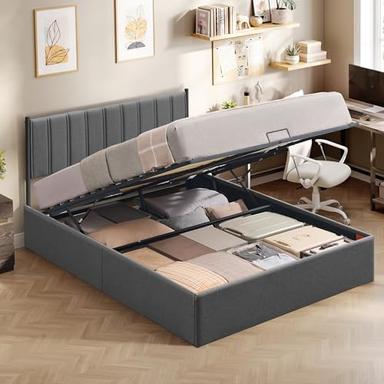 VASAGLE lit coffre 160x200 sommier relevable avec tête de lit