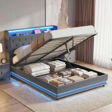 HOMCOM Lit Coffre 140x190 cm avec Éclairage LED, Station de Charge et USB