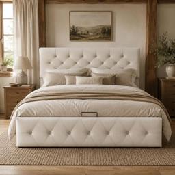 DULRLLY Lit coffre 160x200 velours beige, tête de lit réglable