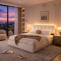 LONELYO Lit coffre 160x200 velours beige clair, LED RGB 7 couleurs