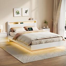 VASAGLE Lit double 140x190 cadre flottant LED (blanc)