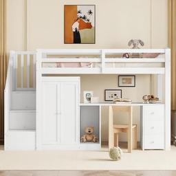 Merax Lit Mezzanine 90x200 avec Armoire, Bureau et Escalier