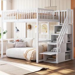 Merax Lit Mezzanine 140 x 200 cm avec escalier de rangement
