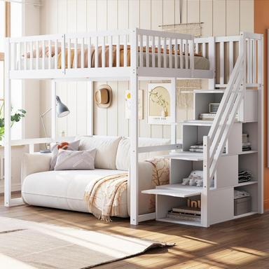 Merax Lit Mezzanine 140 x 200 cm avec escalier de rangement