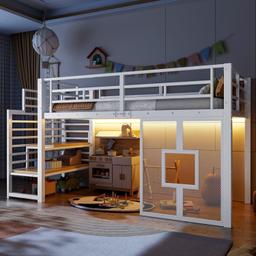 KOMHTOM Lit Mezzanine 140x200 cm combiné bureau, armoire et LED