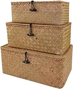 IHONYI Lot de 3 paniers en jonc de mer avec couvercle