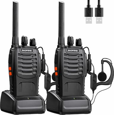 Baofeng Talkie-Walkie longue portée (PMR, 16 canaux, rechargeable USB, oreillettes incluses)