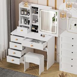 Blodfune coiffeuse miroir LED coulissant, tiroirs à serrure, tabouret