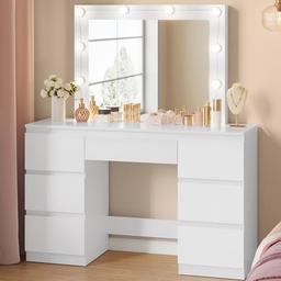 WOLTU coiffeuse grand miroir LED 10 ampoules et 7 tiroirs