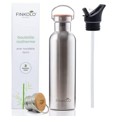 Finkolo Gourde Isotherme Inox 304 750 ml (12 h chaud / 24 h froid, 2 bouchons)
