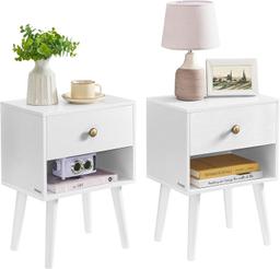 VASAGLE Table de Chevet Blanche Pieds Bois LET855