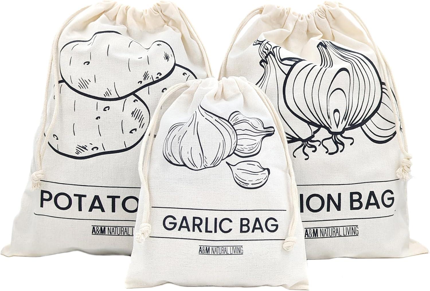 A&M Natural Living Lot de 3 sacs en coton pour pommes de terre, oignons et ail