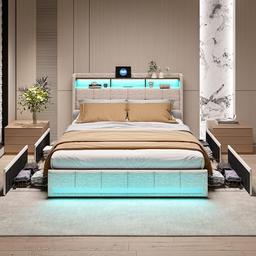 Mutuolux Lit coffre 160x200 lin, 4 tiroirs, LED et USB