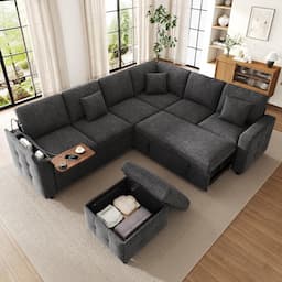 Sapgaks Canapé-lit d'angle convertible 7 places (lit deux places, LED, USB, pouf coffre)