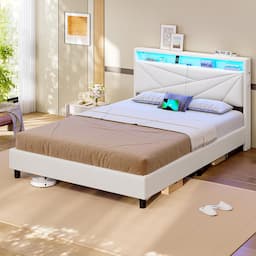 KIMENICH Lit 140 x 190 avec sommier (LED, PU blanc capitonné)