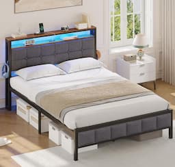 AOGLLATI Lit 140 x 190 avec sommier métal (4 ports USB, lin gris)