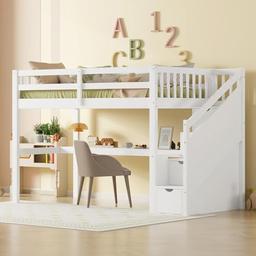 I0I&I0I lit mezzanine bois massif avec bureau et penderie 90x200