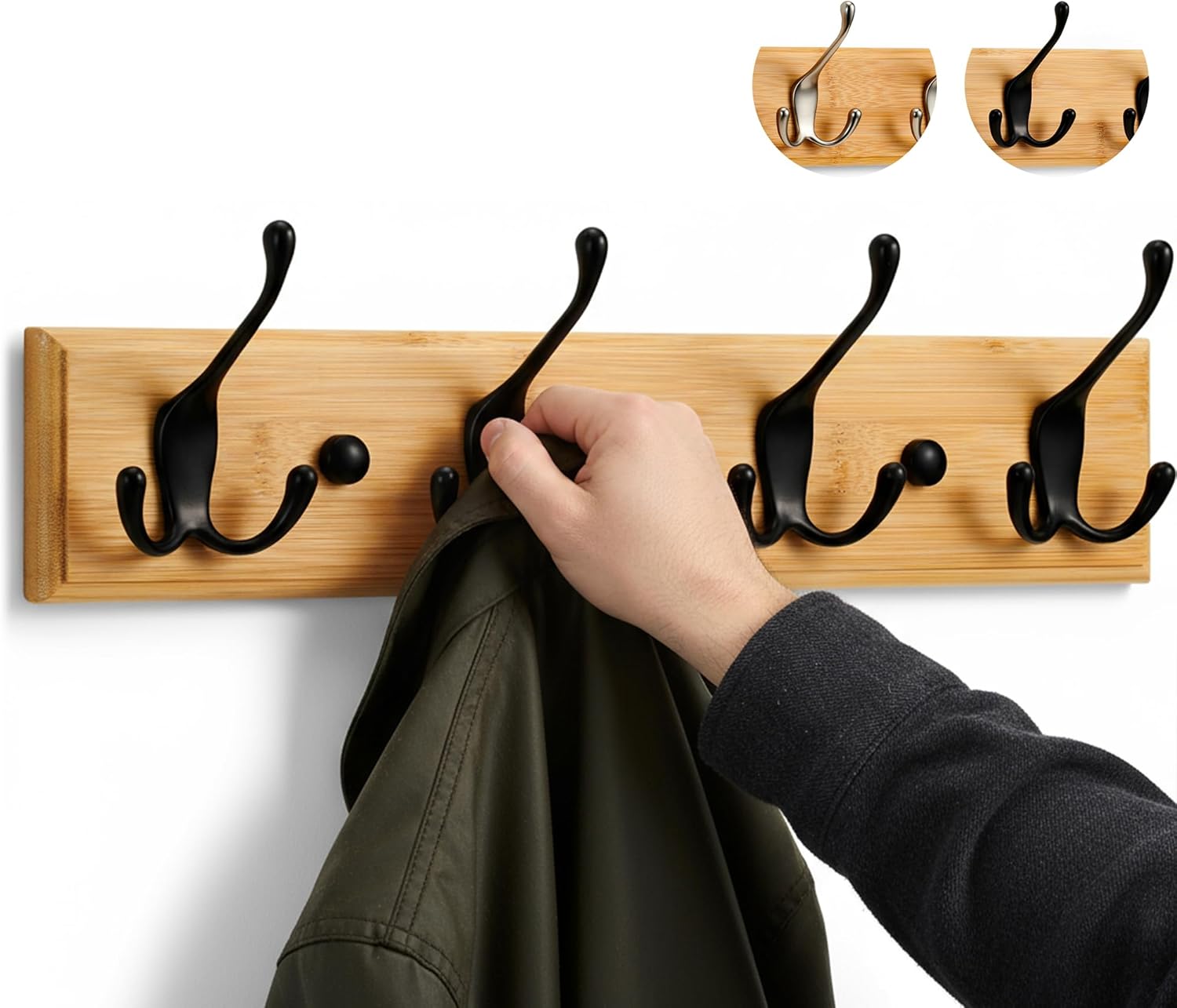 LARHN Porte Manteau Mural Bois 4 Crochets Triples