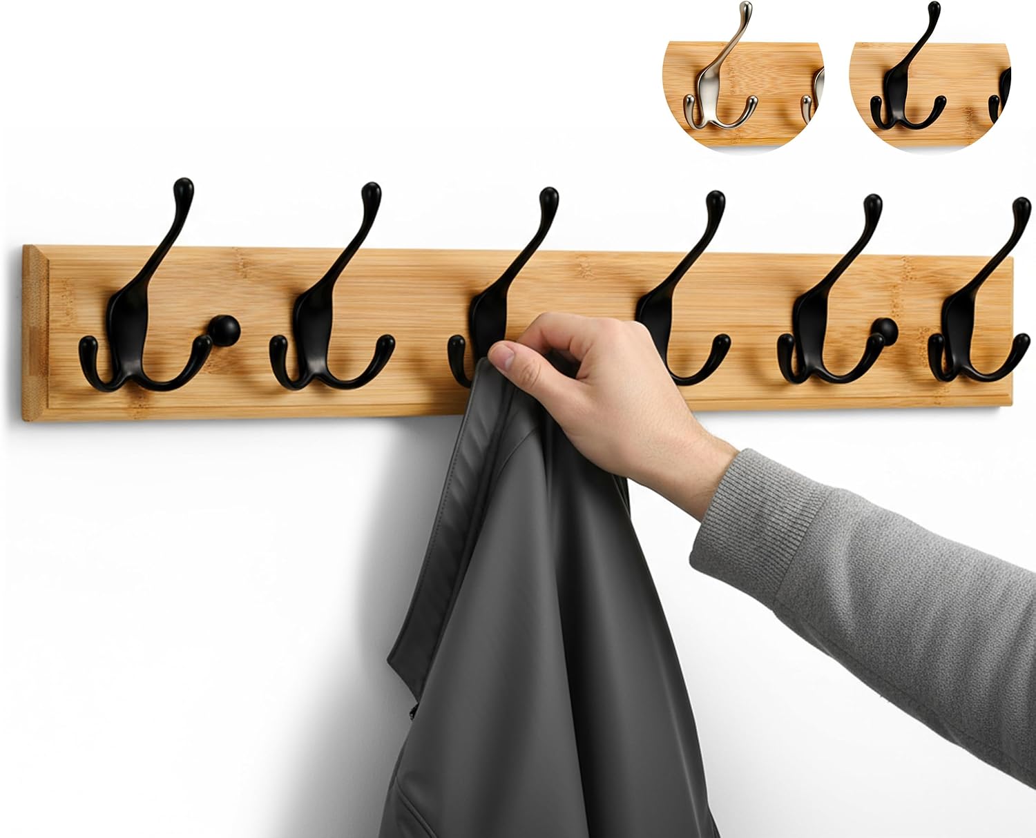 LARHN Porte Manteau Mural Bois 6 Crochets Triples