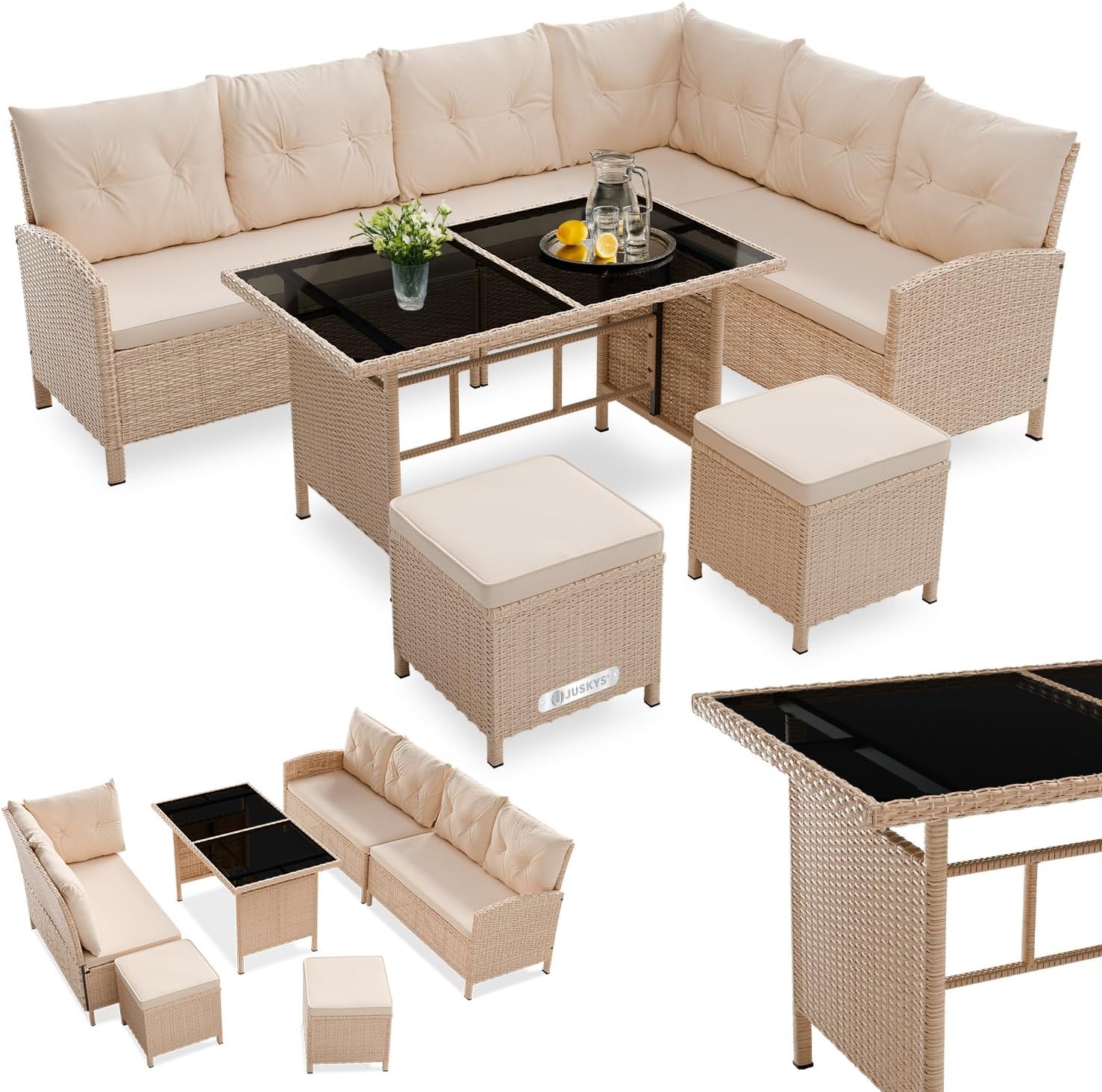 Juskys Manacor résine tressée angle + 2 poufs crème